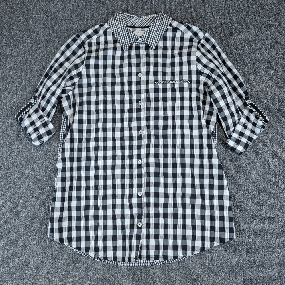 Foxcroft NYC Classic Gingham Seersucker Button Down Shirt Womens 8 Black Cotton